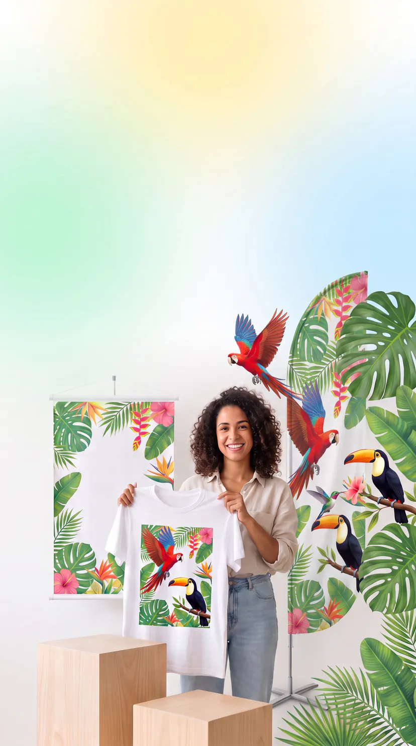 Atendente da Brasil Sublimação segurando uma camiseta sublimada com estampa tropical